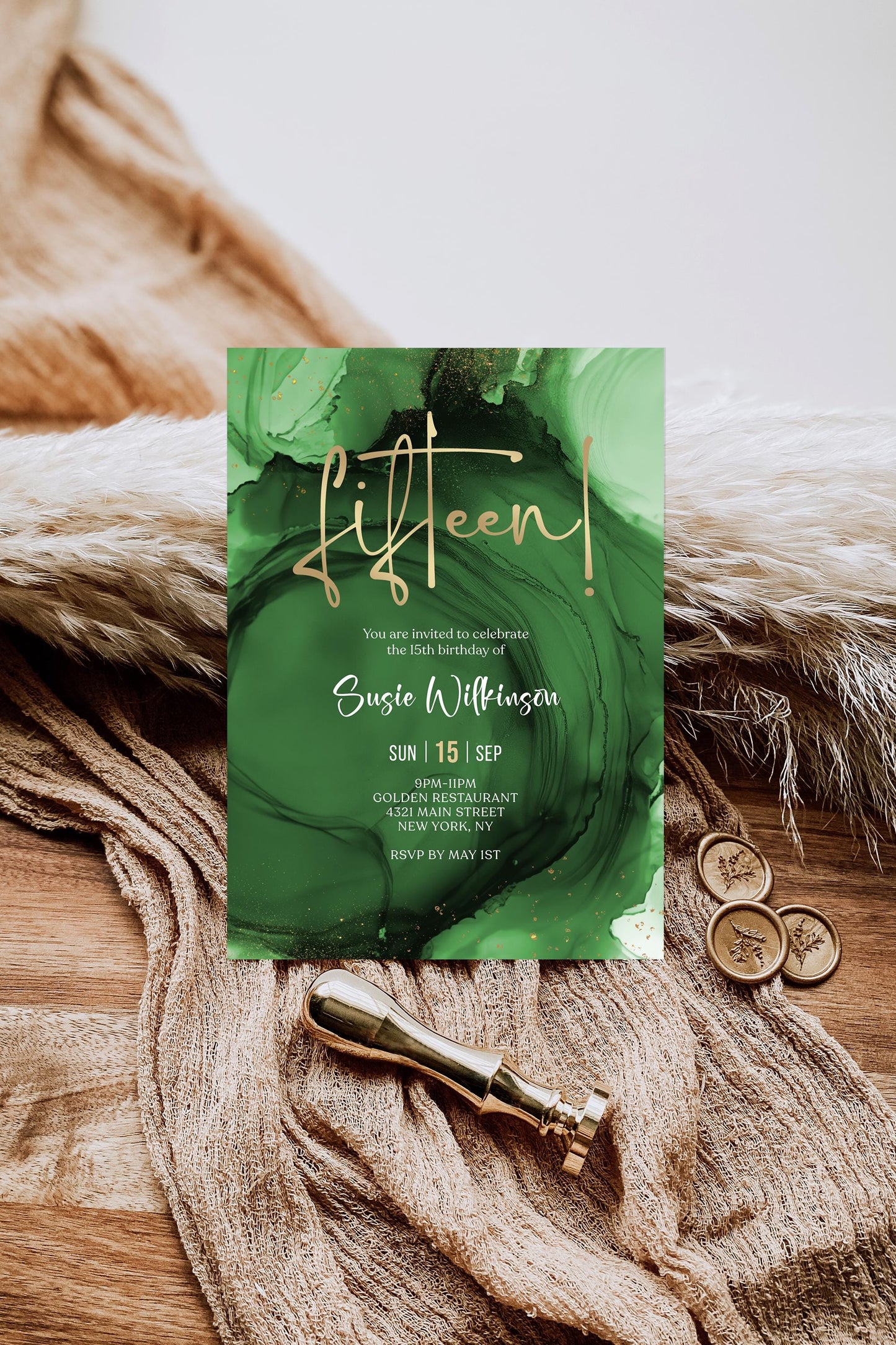 15th Birthday Invitation Template - Green Emerald Gold Design | Instant Download