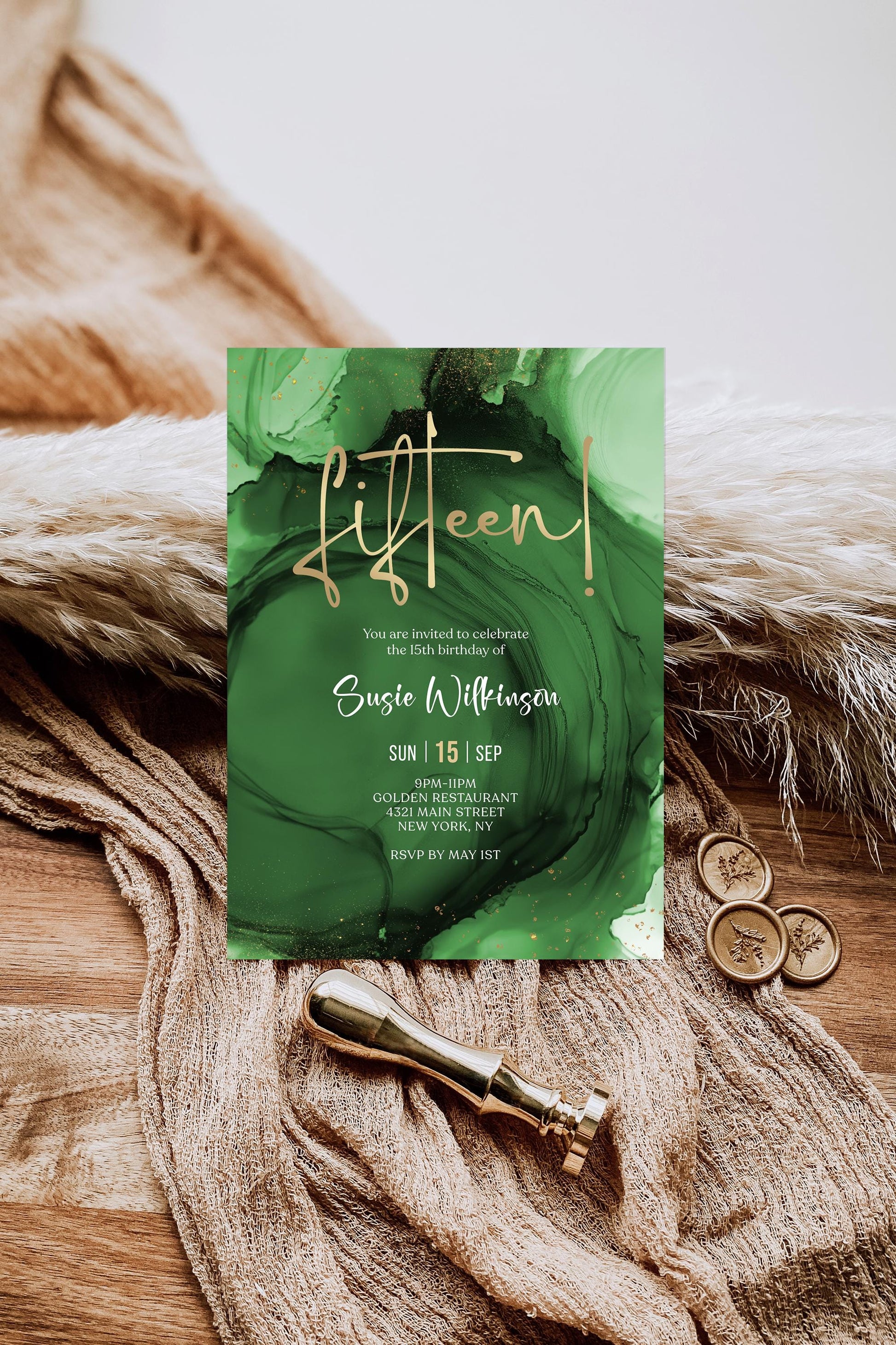 15th Birthday Invitation Template - Green Emerald Gold Design | Instant Download