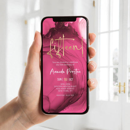 Fuchsia Pink Gold 15th Birthday Invitation Template | Instant Download | DIY Phone Invite