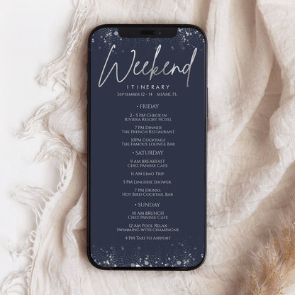 Navy Silver Foil Electronic Itinerary, Birthday, Bachelorette Template, Electronic Schedule, Email Itinerary, Editable Text Message, Phone