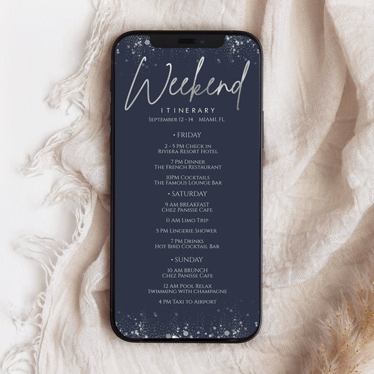 Navy Silver Foil Electronic Itinerary, Birthday, Bachelorette Template, Electronic Schedule, Email Itinerary, Editable Text Message, Phone