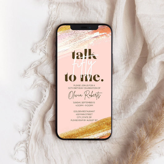 Electronic Forty 50th Birthday invitation template, Digital text invitation, Talk Fifty to me pink gold glitter birthday, women birthday