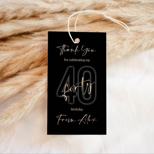 Black & Gold 40th Birthday Favor Tag Template – Editable Thank You Tags | Printable Any Age Party Tags | Modern Birthday Favor Label | Instant Download