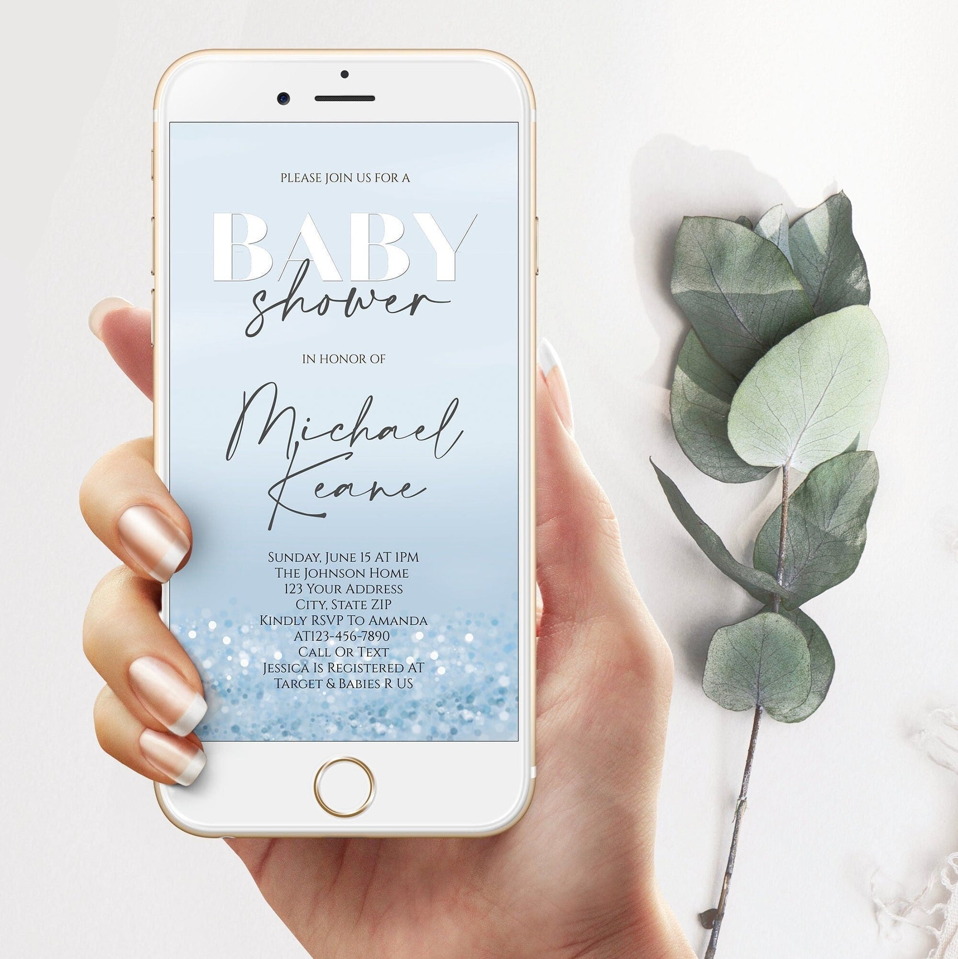 Electronic Boy Baby Shower text message invitation template, Blue Silver Baby Shower editable text invite, Digital invitation, phone invite