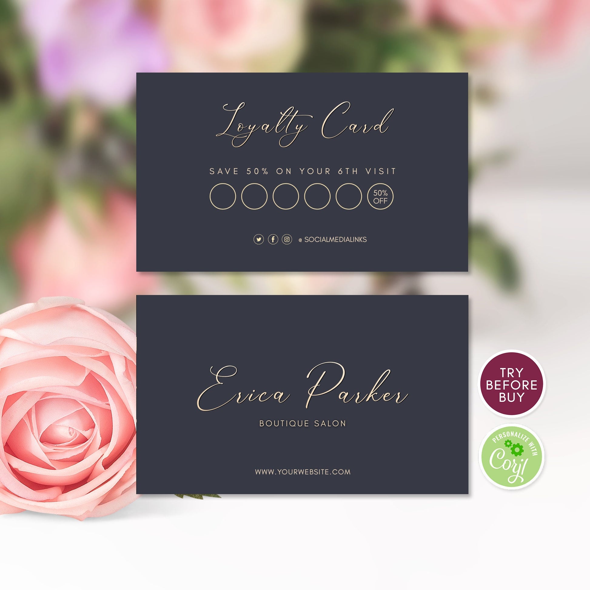 Editable Loyalty Card, Luxury Modern Navy & Gold Minimalist Style, Business, Instant Download, Customer Loyalty Card, Reward Card Template
