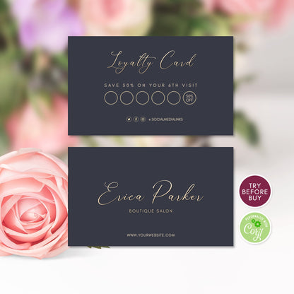 Editable Loyalty Card, Luxury Modern Navy & Gold Minimalist Style, Business, Instant Download, Customer Loyalty Card, Reward Card Template