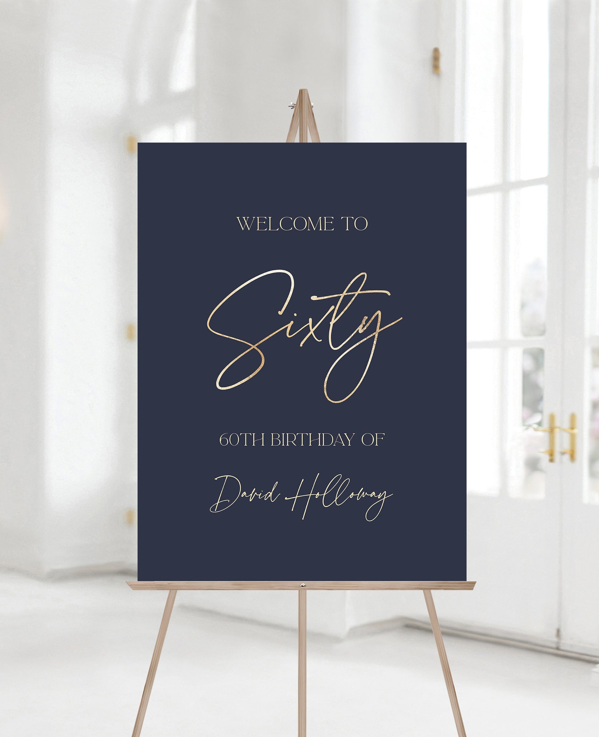 Printable 60th Birthday Welcome Sign Template – Navy Blue and Gold Editable Poster – Modern Sixty Birthday Sign Decoration – Instant Download