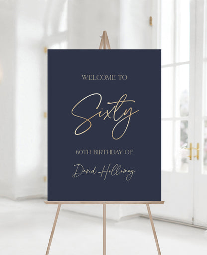 Printable 60th Birthday Welcome Sign Template – Navy Blue and Gold Editable Poster – Modern Sixty Birthday Sign Decoration – Instant Download