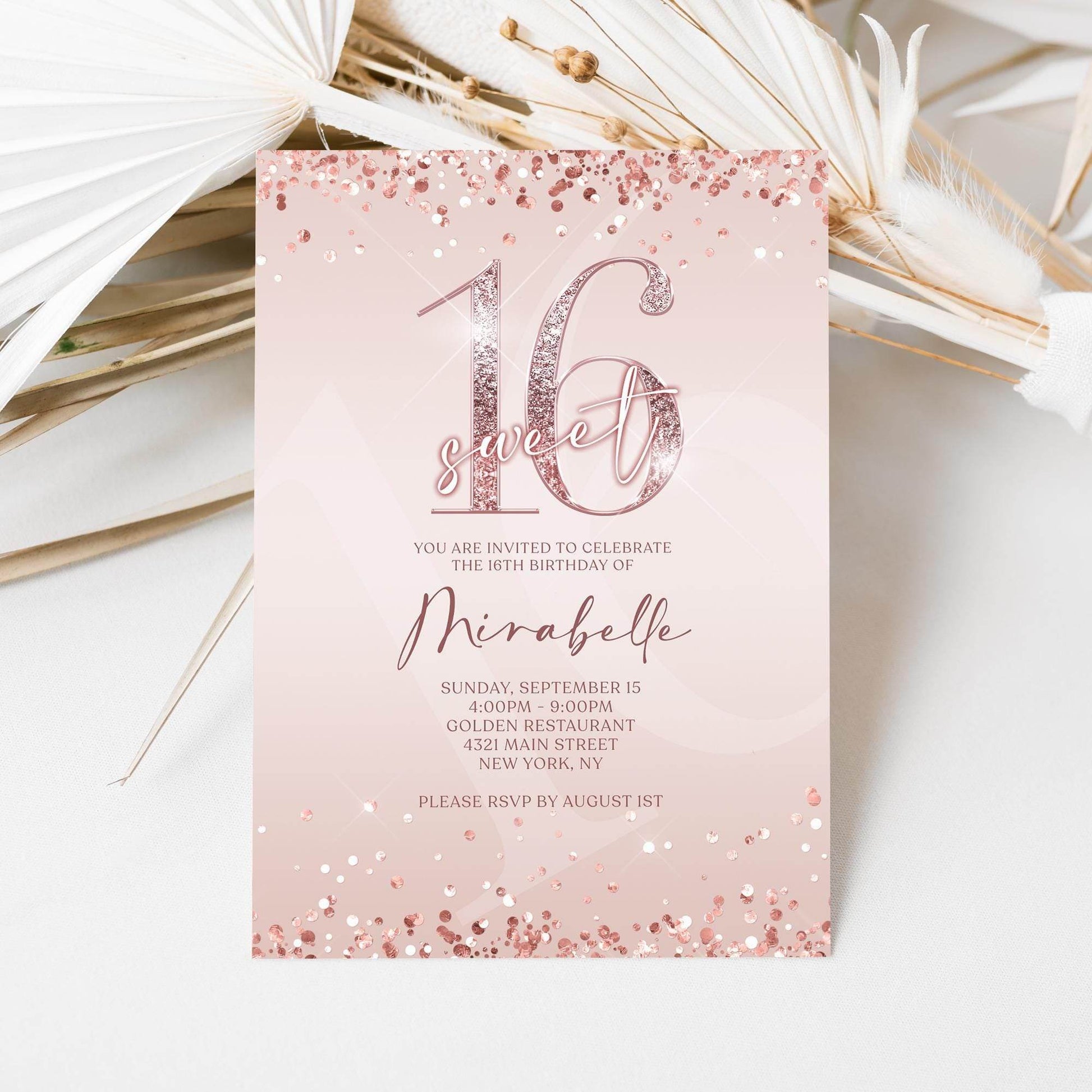 Sweet 16 Birthday Invitation – Pink Rose Gold Editable Sixteenth Invite – Text or Email Digital Template – Instant Download