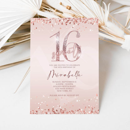 Sweet 16 Birthday Invitation – Pink Rose Gold Editable Sixteenth Invite – Text or Email Digital Template – Instant Download