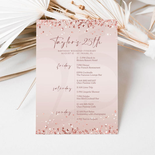 Editable Rose Gold Ladies Birthday Itinerary Template, Printable Woman Party Any Age Itinerary, Luxury Weekend Itinerary, Email Text Message