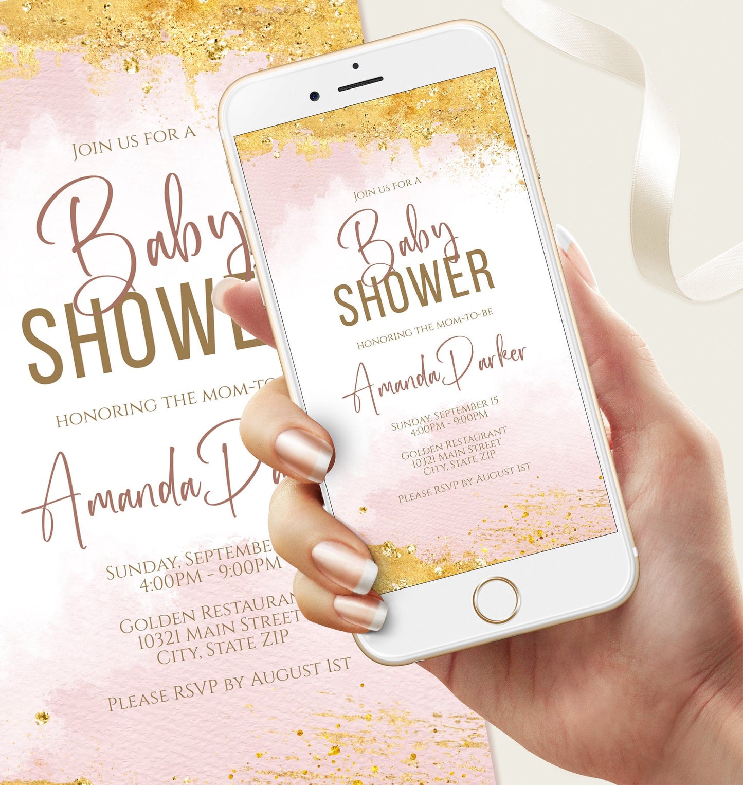 Digital Girl Baby Shower Invitation Template, Electronic Text message Evite, Baby Shower editable text invite, Pink Gold Watercolor Invite