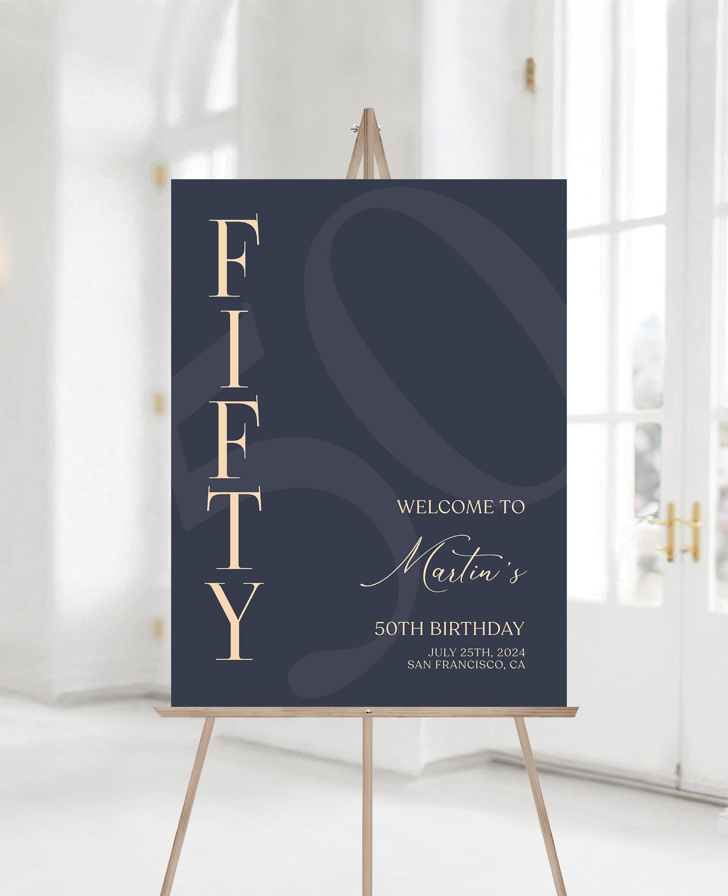 Printable 50th Birthday Welcome Sign Template - Navy Blue and Gold | Instant Download