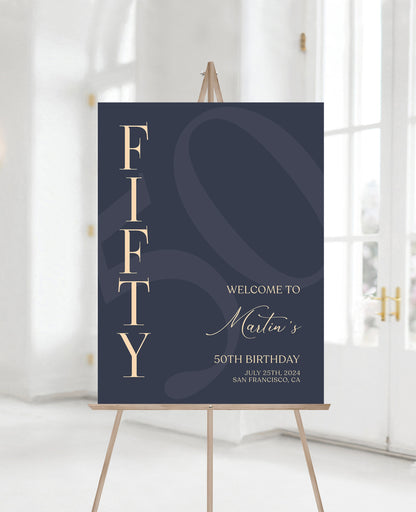Printable 50th Birthday Welcome Sign Template - Navy Blue and Gold | Instant Download