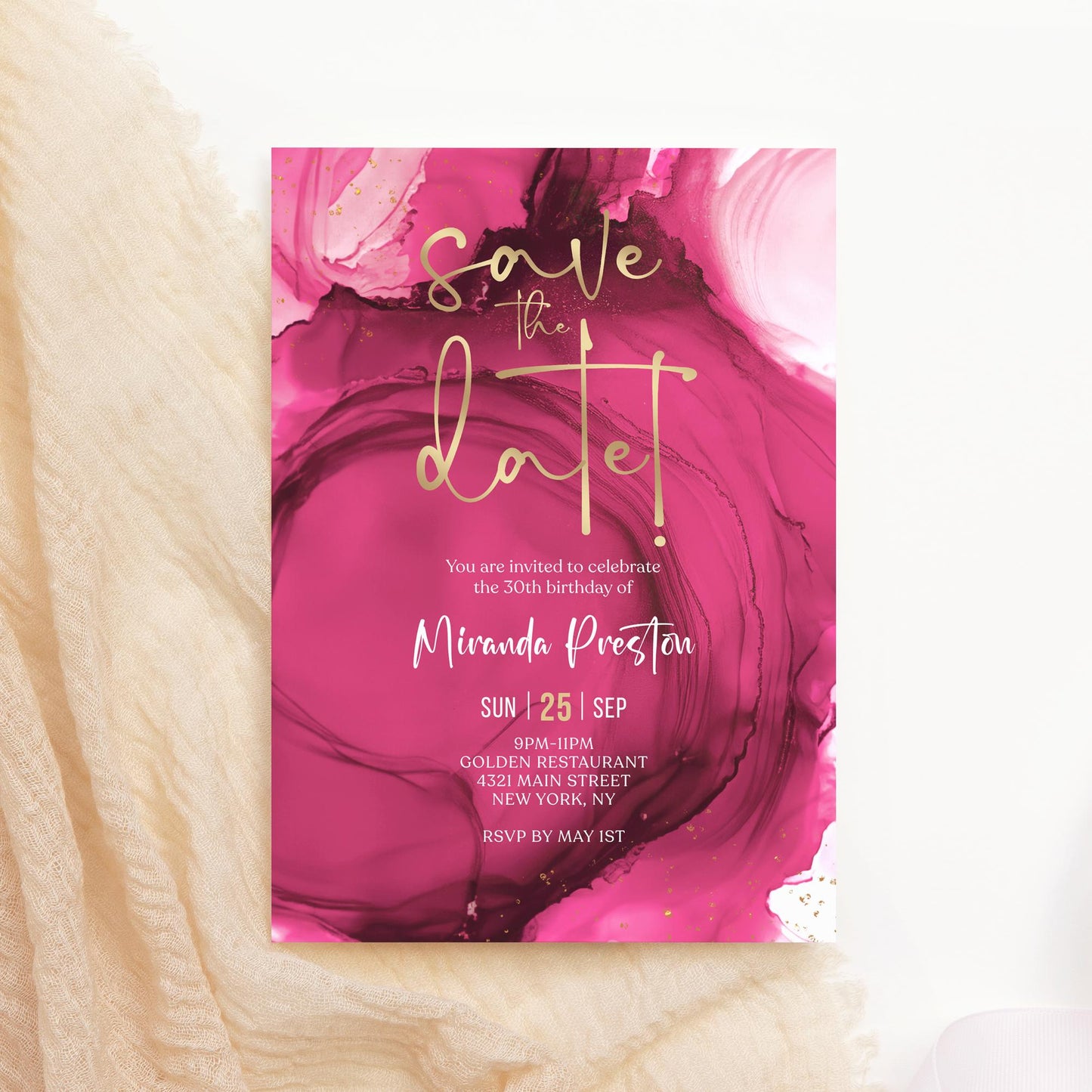 Fuchsia Pink and Gold Save the Date Invitation | Editable Birthday Party Announcement Card | Printable Digital Template | Modern Save the Date Invite