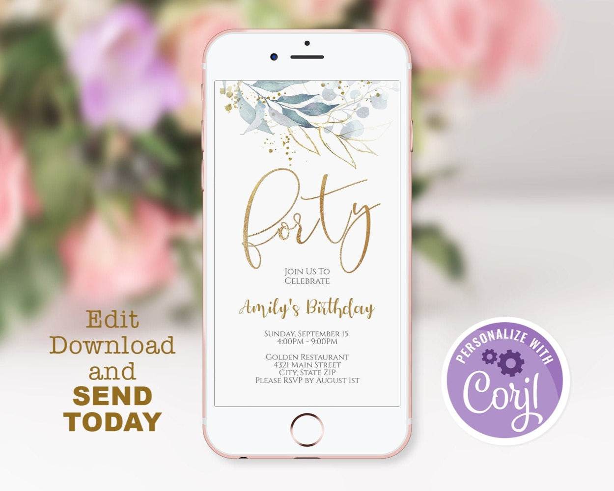 Editable 40th Birthday Boho Greenery Invitation – Electronic Floral E-Invite | Mobile Phone Party Template | Instant Download SMS Invitation