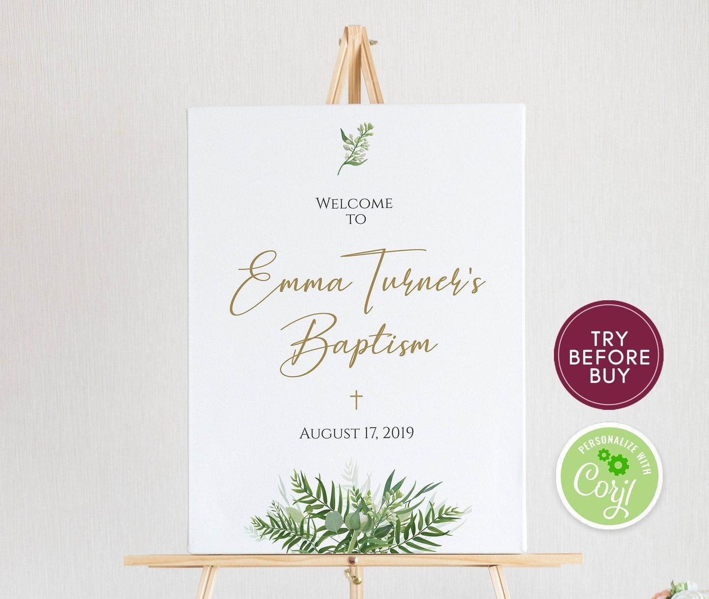 Greenery Baptism Welcome Sign Template | Editable Printable Christening Sign | Boy or Girl Baptism Decor | Instant Download