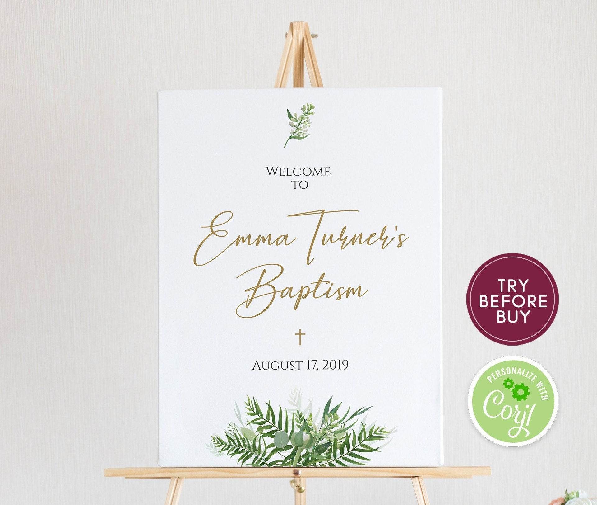 Greenery Baptism Welcome Sign Template | Editable Printable Christening Sign | Boy or Girl Baptism Decor | Instant Download