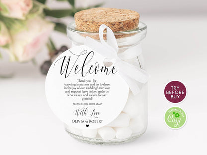 Printable Welcome Tag, Wedding Welcome Bag Tag, Wedding Favor Tag, Editable Round Welcome Tag Template, Instant Download DIY Digital Favors