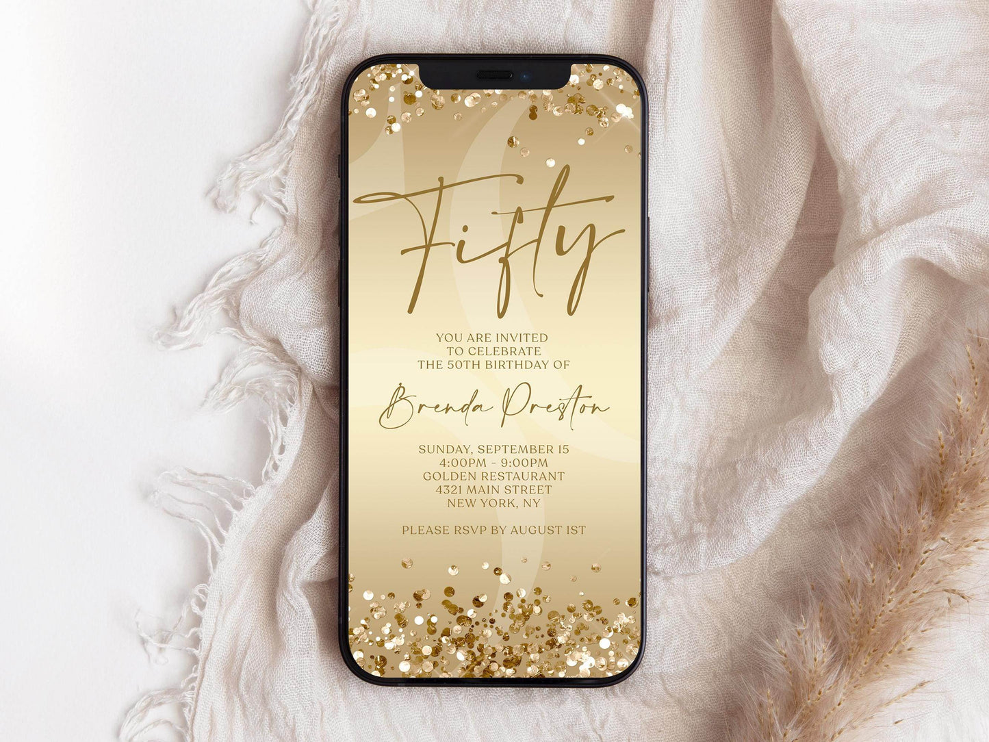 Gold 50th Birthday Invitation Digital Template, Electronic Gold Confetti Birthday Evite, Editable Text Message Phone Invite, Instant Download
