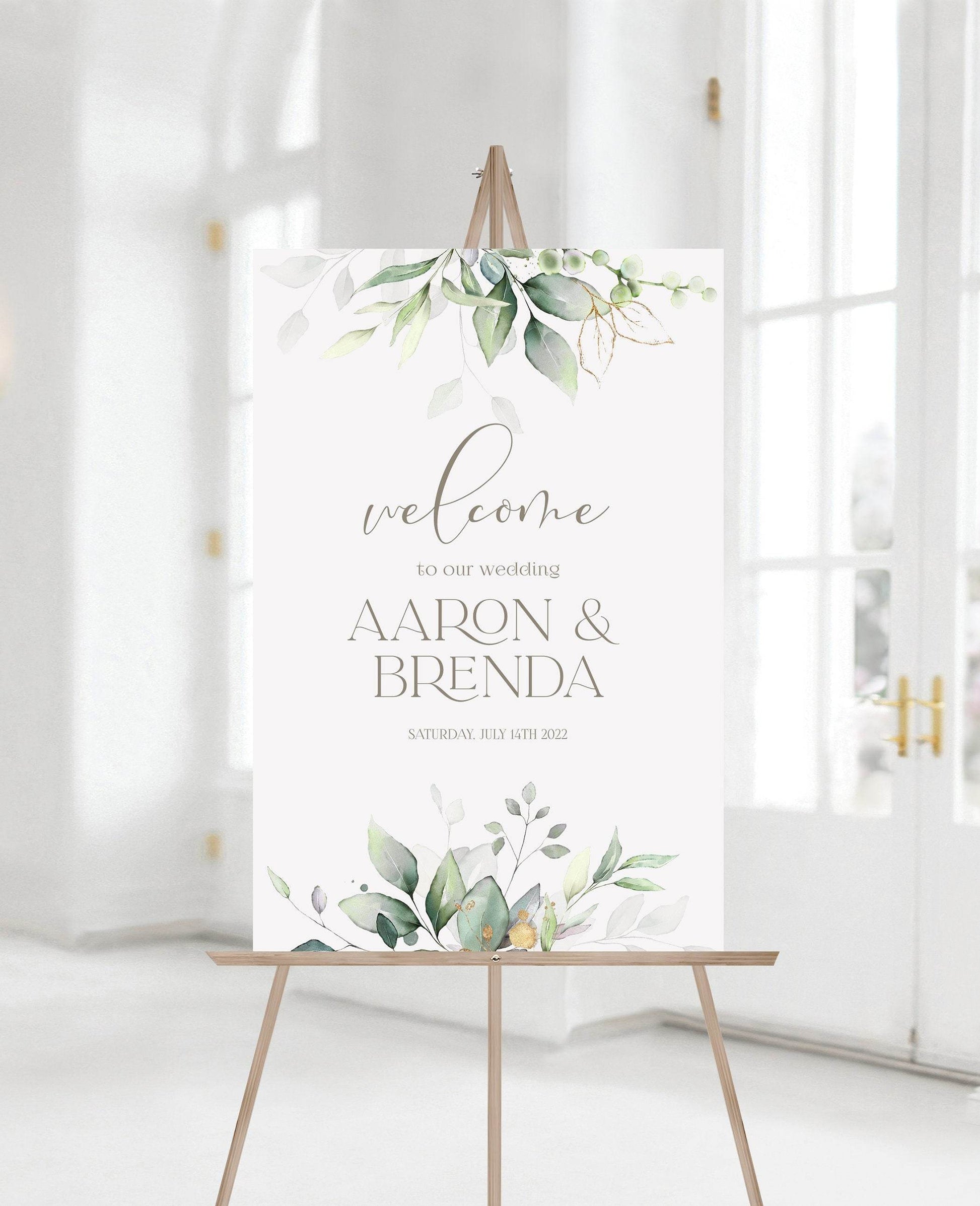 Printable Wedding Welcome Sign, Greenery Welcome Sign Template, Eucalyptus Gold Foil Leaves Welcome Sign, Editable 24x36 Welcome Sign DIY
