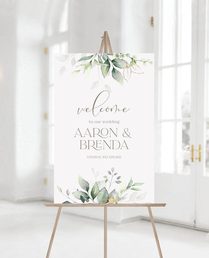 Printable Wedding Welcome Sign, Greenery Welcome Sign Template, Eucalyptus Gold Foil Leaves Welcome Sign, Editable 24x36 Welcome Sign DIY