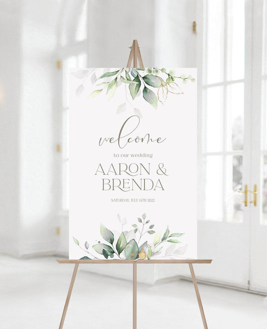 Printable Wedding Welcome Sign, Greenery Welcome Sign Template, Eucalyptus Gold Foil Leaves Welcome Sign, Editable 24x36 Welcome Sign DIY