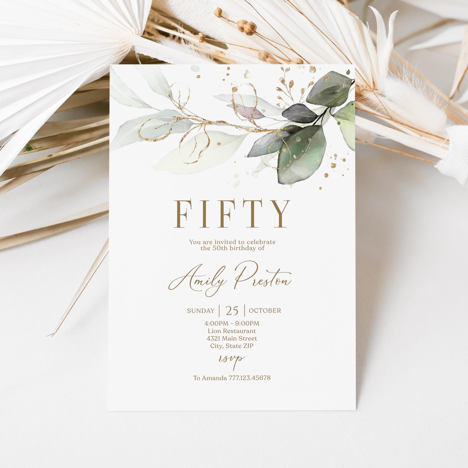 Editable Fifty 50th birthday Invitation Card Template, Printable Greenery Gold Leaves Birthday Invite, Digital Template, Email Text Message