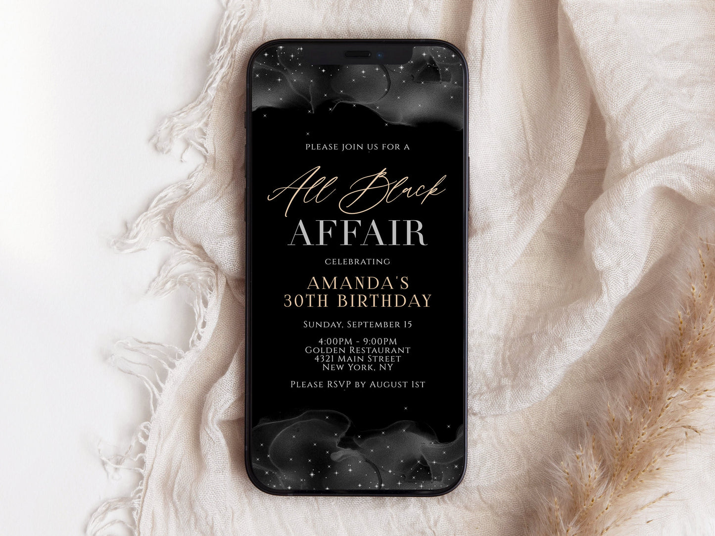 Digital All Black Affair Invitation, All Black Party Invite, Black and Gold, Electronic Formal Attire E-Invite, Editable Text Message Evite