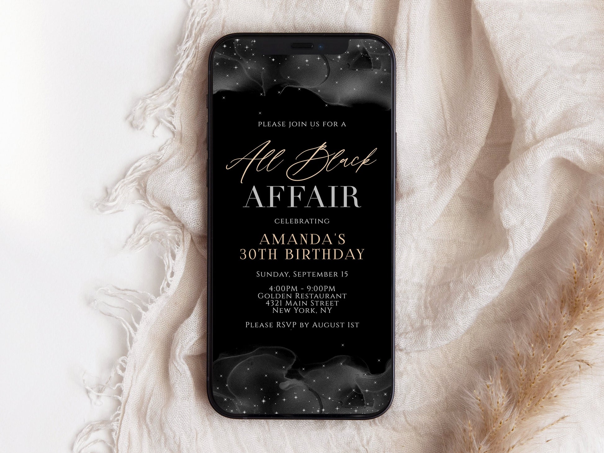 Digital All Black Affair Invitation, All Black Party Invite, Black and Gold, Electronic Formal Attire E-Invite, Editable Text Message Evite