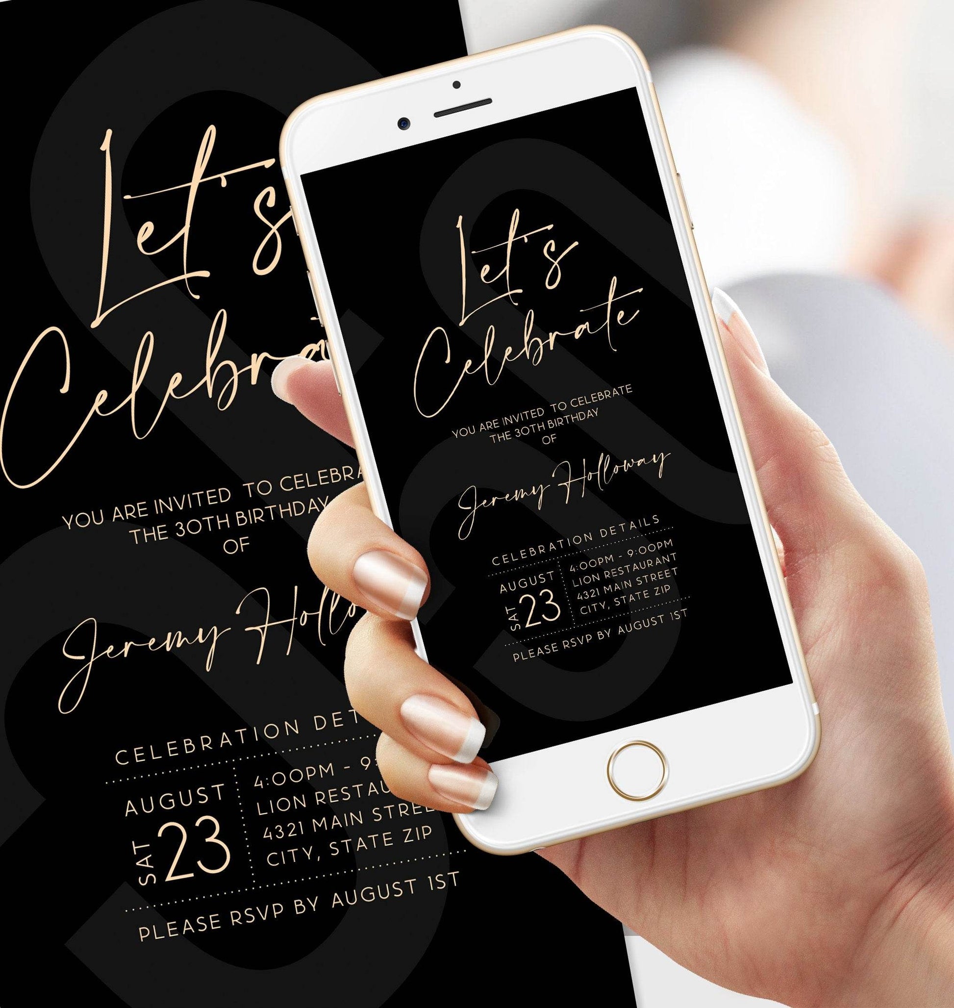 Let’s Celebrate Birthday Invitation – Editable Black Digital Template – Text Message Evite – Mobile Phone Invite – Instant Download