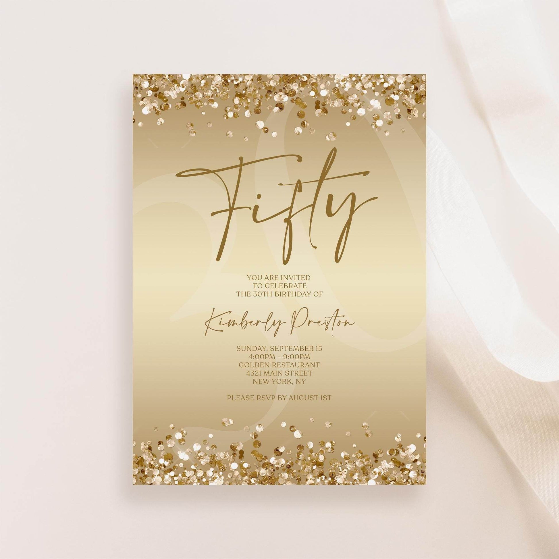 Gold 50th Birthday Invitation Template, Editable Fifty Surprise Party Evite, Digital Gold Invite for Women, Email Text Message Download