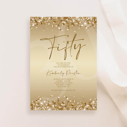 Gold 50th Birthday Invitation Template, Editable Fifty Surprise Party Evite, Digital Gold Invite for Women, Email Text Message Download