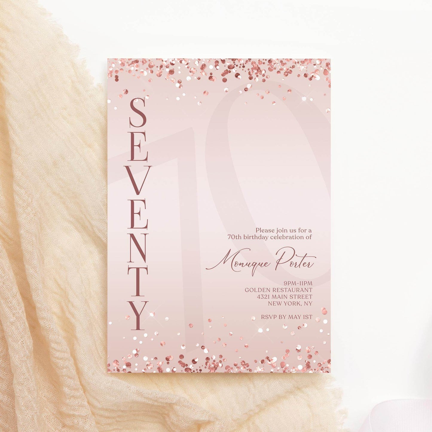 Pink Rose Gold 70th Seventy Birthday Invitation Template, Printable Invitation, Surprise Party, Email Text Message, Modern Editable Invite, Digital Download