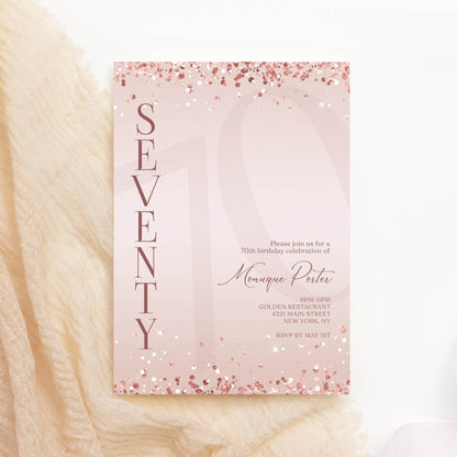 Pink Rose Gold 70th Seventy Birthday Invitation Template, Printable Invitation, Surprise Party, Email Text Message, Modern Editable Invite, Digital Download