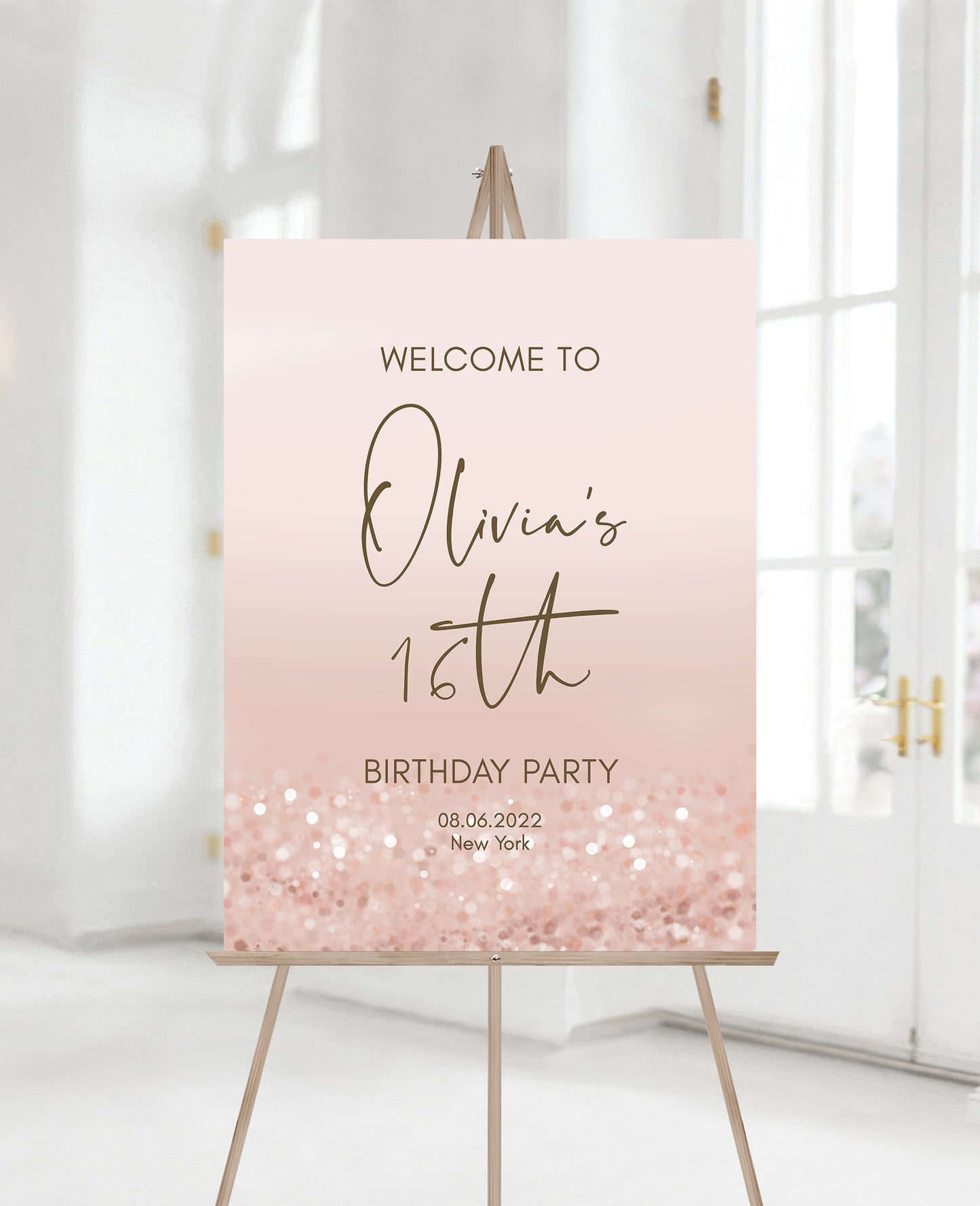 16th Sweet Sixteen Welcome Sign Template Printable, Editable Birthday Party Modern Welcome Poster, Rose Gold Pink Confetti 16 Welcome Banner