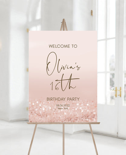 16th Sweet Sixteen Welcome Sign Template Printable, Editable Birthday Party Modern Welcome Poster, Rose Gold Pink Confetti 16 Welcome Banner
