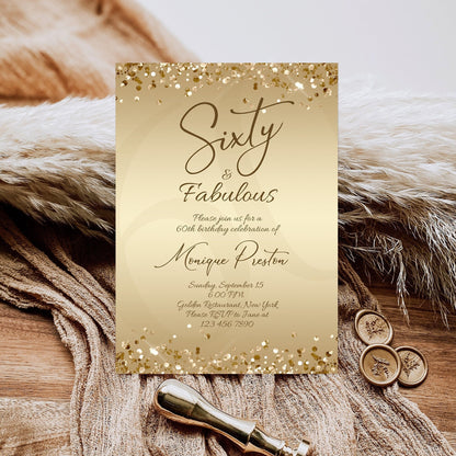 Gold 60th Birthday Invitation - Sixty & Fabulous Surprise Party Invite