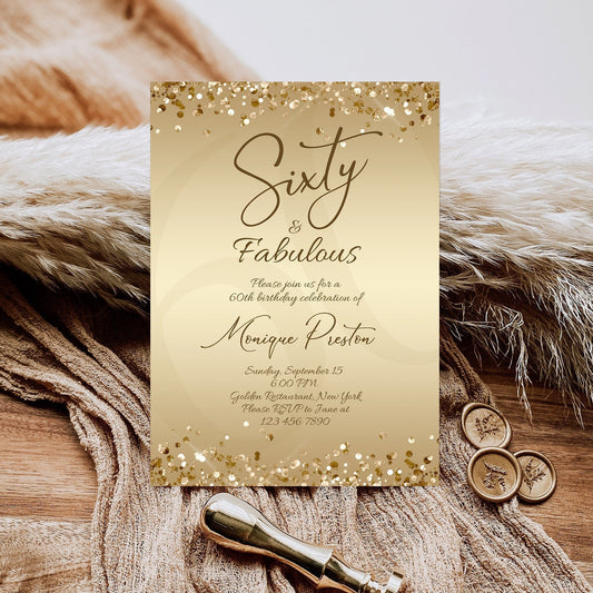 Gold 60th Birthday Invitation - Sixty & Fabulous Surprise Party Invite