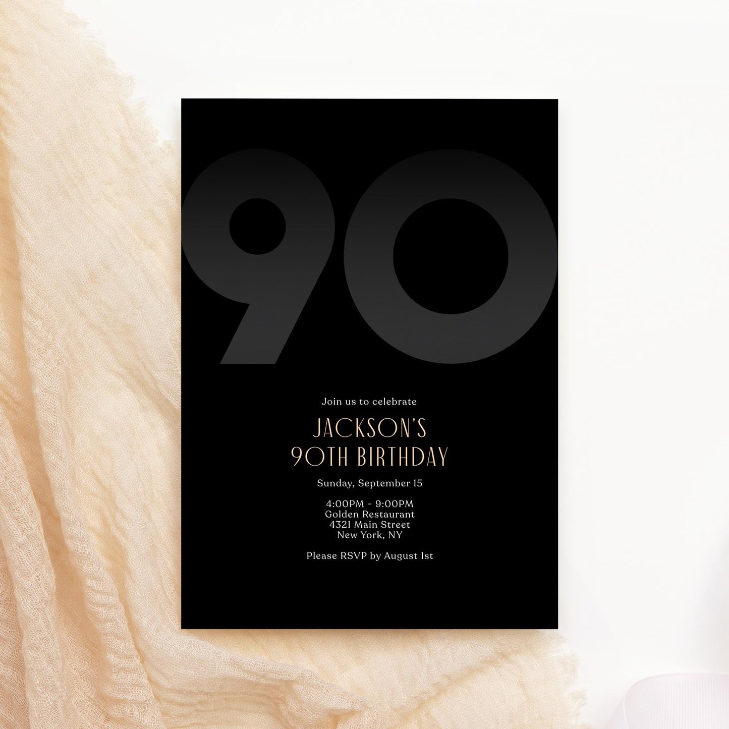 Black 90th Birthday Invitation Template | Editable Modern Men's Party Invite | Elegant Printable Ninety Birthday Card | Instant Download