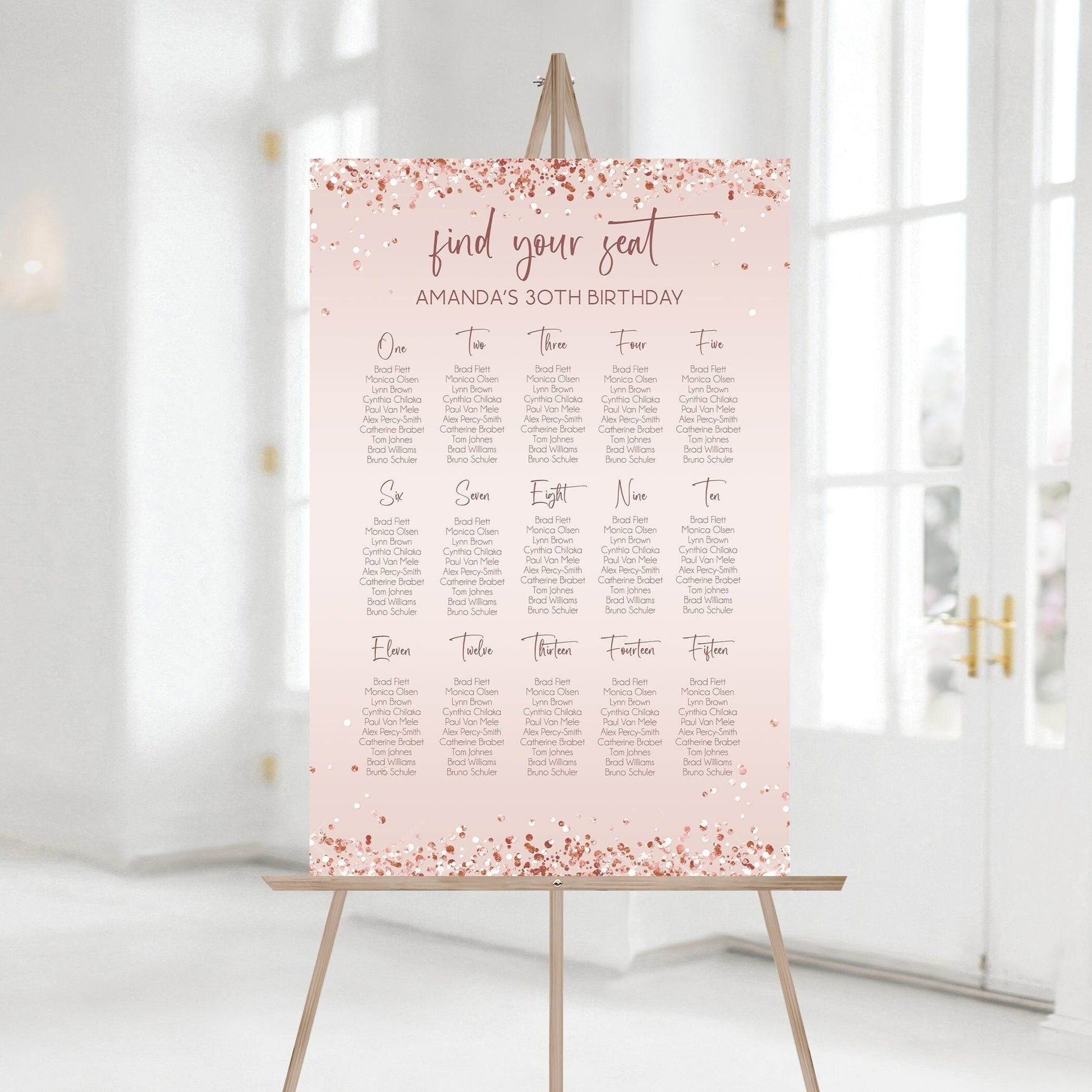 Printable Pink Birthday Seating Chart Template, Rose Gold Editable Seating Sign, Modern Digital Seating Chart, Instant Download