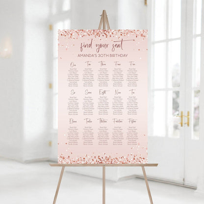 Printable Pink Birthday Seating Chart Template, Rose Gold Editable Seating Sign, Modern Digital Seating Chart, Instant Download