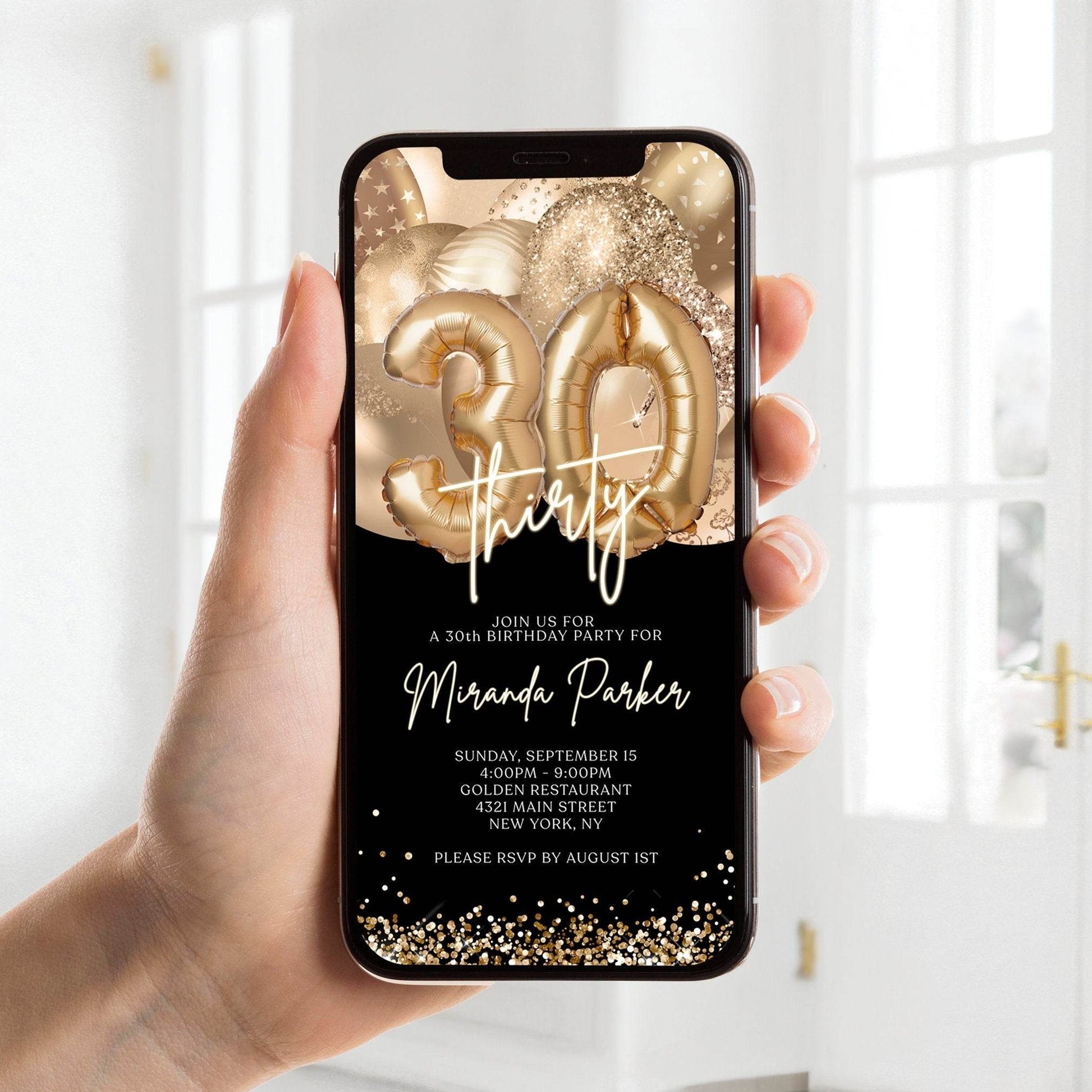 Digital Black Gold 30th Birthday Invitation | Editable Gold Balloons Evite | Electronic Text Message Invite | Custom Mobile Corjl Template