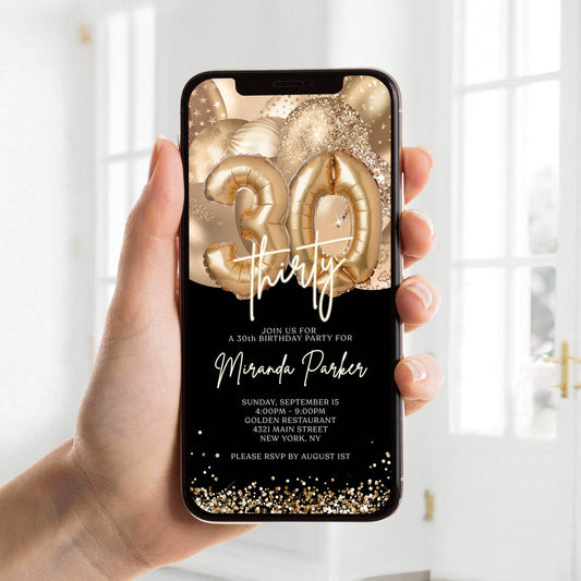 Digital Black Gold 30th Birthday Invitation | Editable Gold Balloons Evite | Electronic Text Message Invite | Custom Mobile Corjl Template