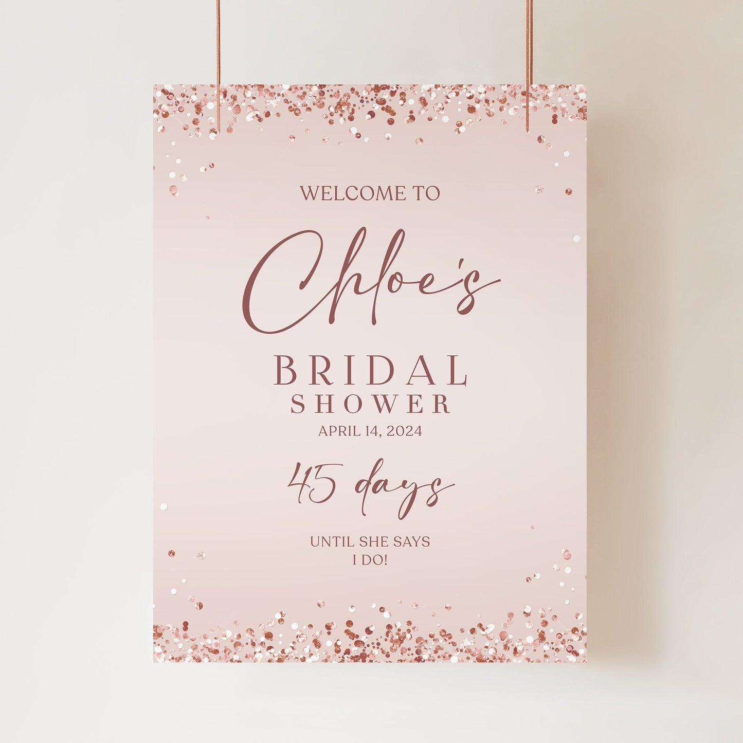 Rose Gold Glitter Bridal Shower Welcome Sign, Editable Bridal Shower Poster Template, Printable Pink Bridal Shower Decoration Board Template