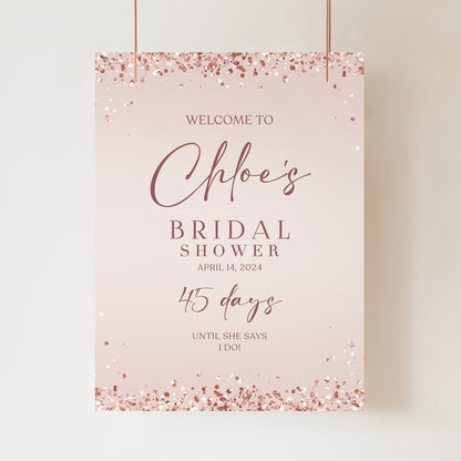 Rose Gold Glitter Bridal Shower Welcome Sign, Editable Bridal Shower Poster Template, Printable Pink Bridal Shower Decoration Board Template