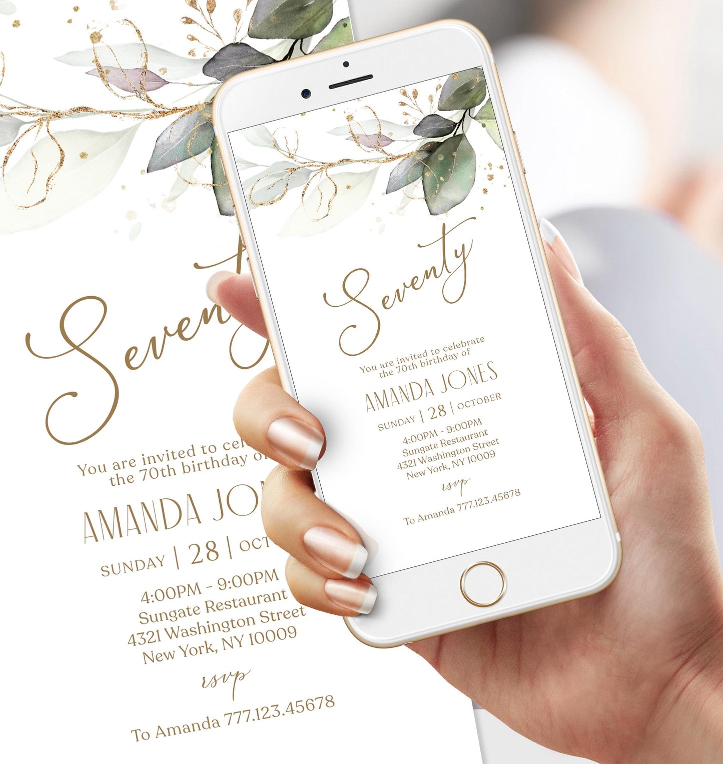 Electronic Seventy 70th birthday Invitation Template, Digital Greenery Eucalyptus Birthday Invite, Editable Template, Text Message Evite