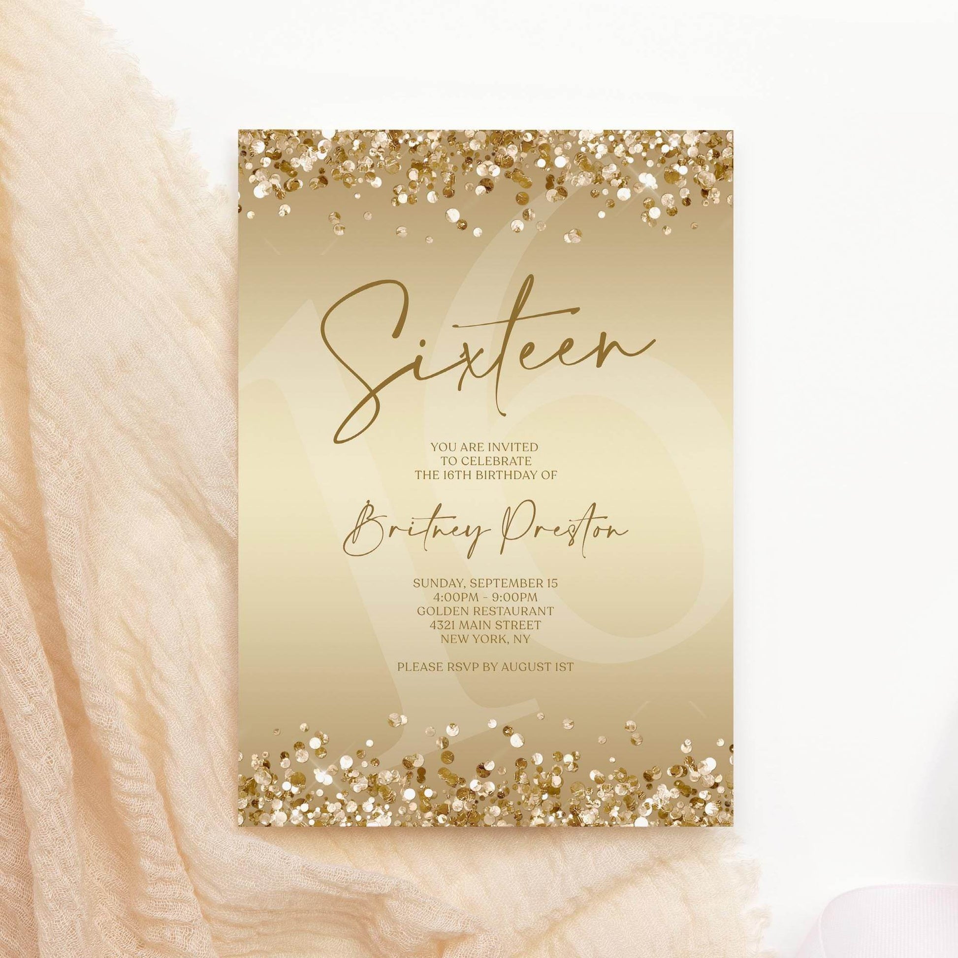 Gold 16th Birthday Invitation Template, Editable Digital Sweet Sixteen Party Invite, Confetti Text Message Evite, Instant Download DIY