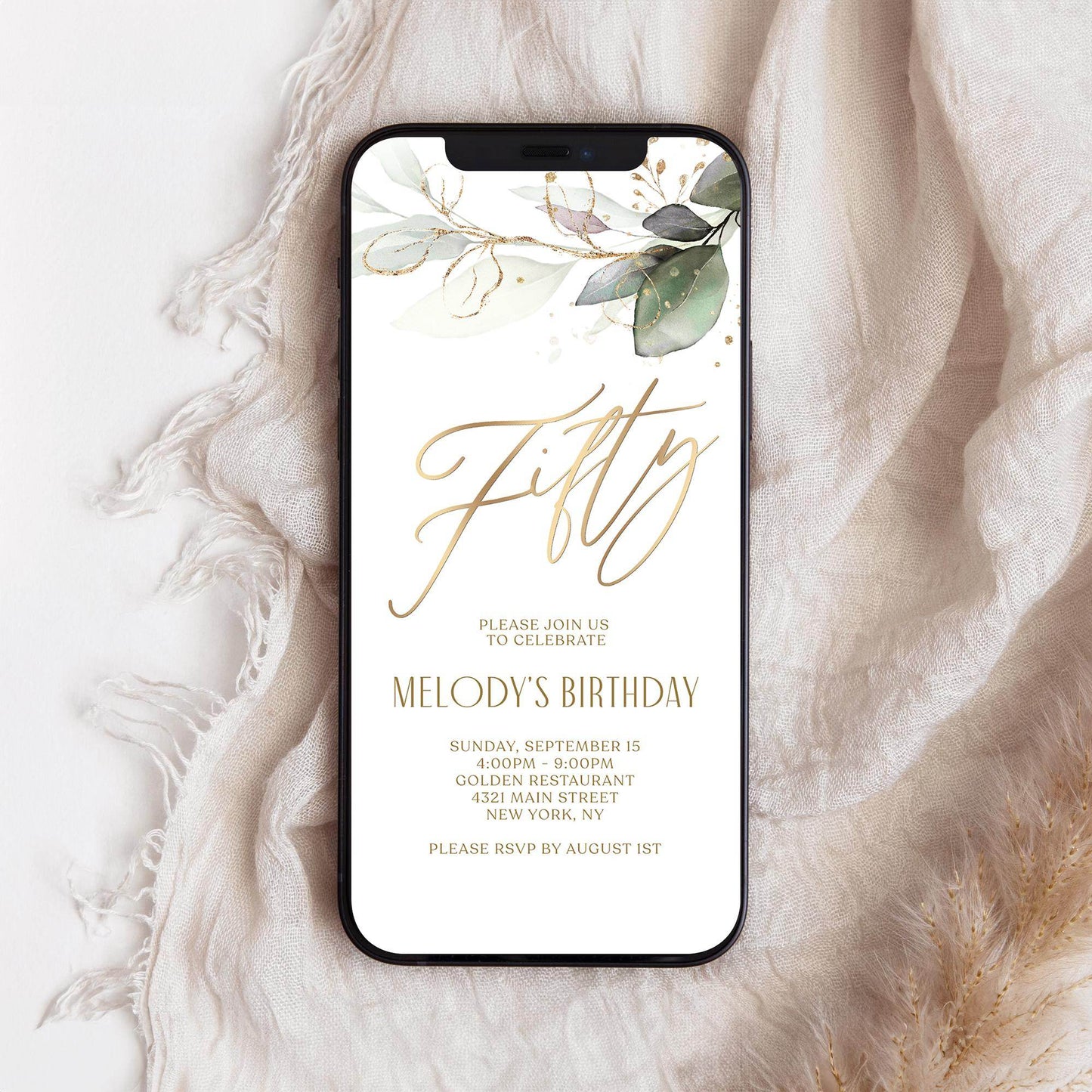 Digital Greenery Fifty 50th Birthday Invitation Template | Boho Phone Party Invite | Text Message Evite | Instant Download