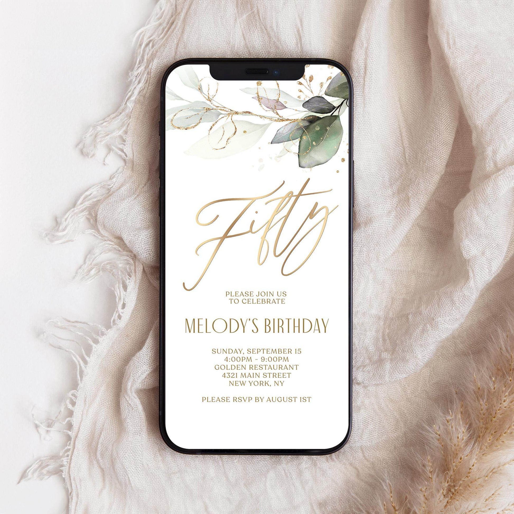 Digital Greenery Fifty 50th Birthday Invitation Template | Boho Phone Party Invite | Text Message Evite | Instant Download